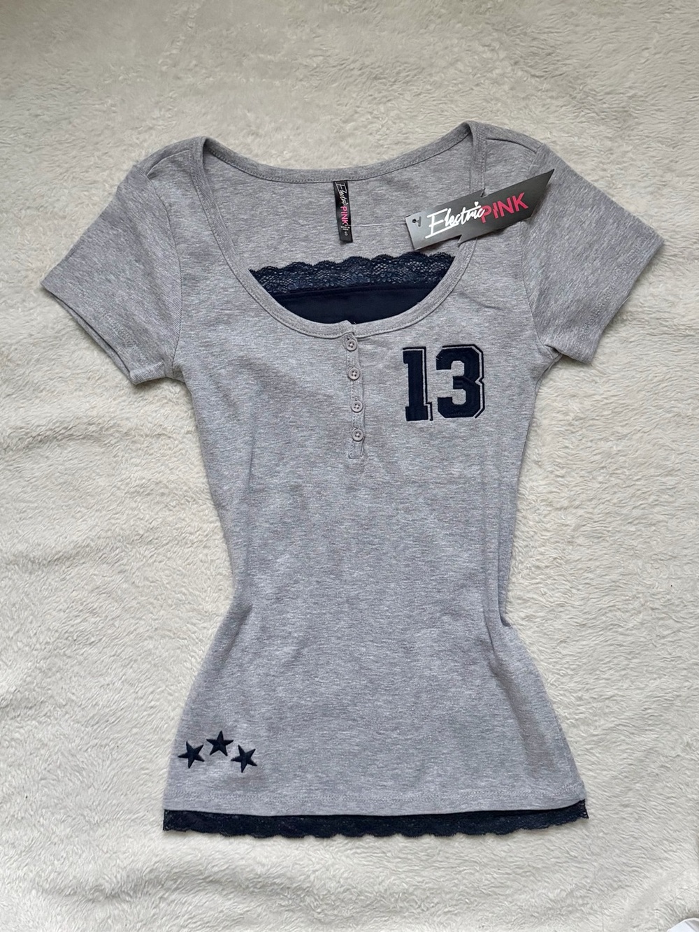 Electric Pink Women's Gray Scoop-Neck Henley Tee with Navy lace Trim
